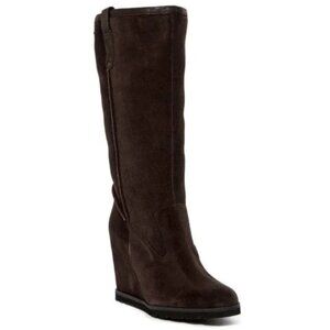 Ugg Chocolate Brown Soleil Shearling Tall Wedge Suede Boots 9